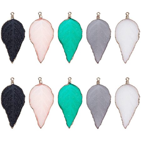 SUPERFINDINGS 10pcs 5 Colors Electroplate Druzy Resin Leaf Charms Leaf Dangle Pendants with Iron Findings for DIY Jewelry Making,Hole: 1.6mm