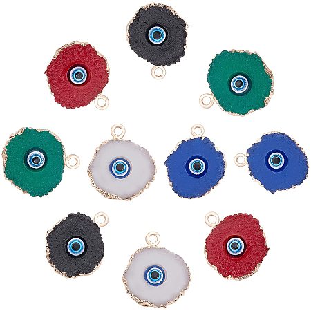 SUPERFINDINGS 10pcs 5 Colors Flat Round Evil Eye Pendants Druzy Resin Evil Eye Charms with Edge Light Gold Plated Iron Loops for DIY Necklace Bracelet Making,Hole:1.8mm