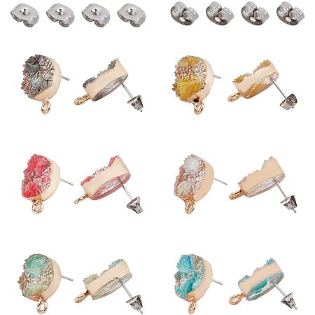SUPERFINDINGS 24pcs 6 Colors 0.7x0.53Inch Druzy Resin Stud Earring Loops Flat Round Stud Earring Resin Earring with 24pcs 0.6mm Steel Pins and Edge Light Gold Plated Iron Loops，Hole: 1.8mm