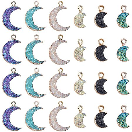 SUPERFINDINGS 24Pcs 6 Colors 2 Sizes Moon Resin Druzy Pendant Moon Imitation Druzy Agate Stone Pendant with Plated Gold Edge for DIY Jewelry Making Necklace Bracelet