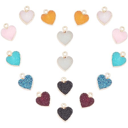SUNNYCLUE 1 Box 16Pcs 8 Colors Resin Druzy Charms Pendants Colorful Heart Shape Golden Plated Faux Gemstone Dangle Pendant for Jewelry Making Earrings DIY Crafts Supplies Accessories