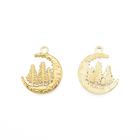Ion Plating(IP) 201 Stainless Steel Pendants, Moon with Tree, Real 18K Gold Plated, 23.5x20x2mm, Hole: 2mm