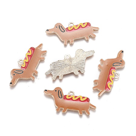 ARRICRAFT Alloy Enamel Pendants, Orange Dog with Hot Dog, Light Gold, 17x37x1.5mm, Hole: 2.5mm