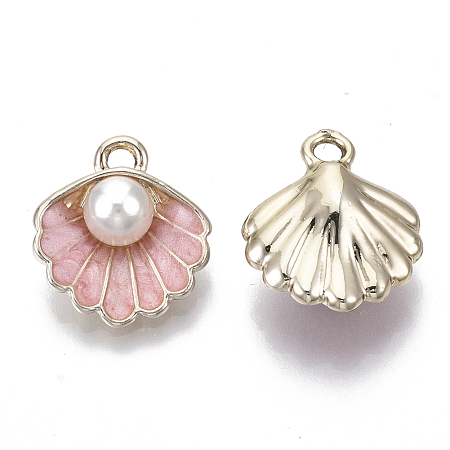 Honeyhandy Alloy Pendants, with ABS Plastic Imitation Pearl & Enamel, Shell with Pearl, Light Gold, Pink, 16x15x7mm, Hole: 1.5mm