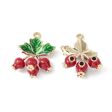 Honeyhandy Brass Enamel Pendants, Light Gold, Pomegranate with Leaf Charm, FireBrick, 20x16.5x9.5mm, Hole: 1.4mm