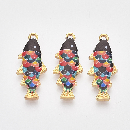 Honeyhandy Printed Alloy Pendants, with Enamel, Fish, Light Gold, Colorful, 27.5x11x2.5mm, Hole: 1.4mm