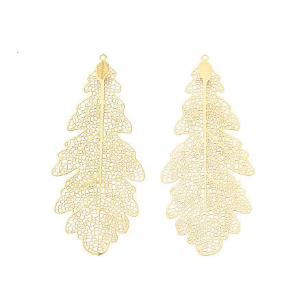 Honeyhandy 304 Stainless Steel Big Pendants, Etched Metal Embellishments, Leaf, Real 18K Gold Plated, 67x28.5x0.3mm, Hole: 1.2mm