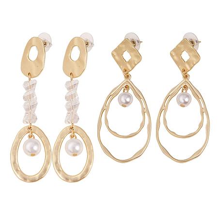 SUNNYCLUE 2 Pairs  Gold Plated Concentric Circles Pearl Dangle Stud Earrings Nickel Free