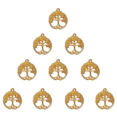 SUNNYCLUE 1 Box 10pcs Real Gold Plated Alloy Tree of Life Charms Pendants FlatRound 26x23.5mm for DIY Jewelry Bracelet Necklace Making Craft Findings, Matte Golden