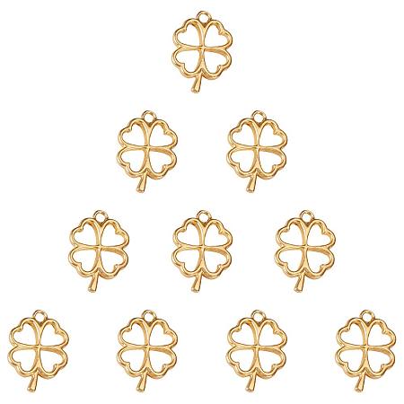SUNNYCLUE 1 Box 10pcs Real Gold Plated Alloy Four Leaf Clover Lucky Charms Pendants 25x17.5mm for DIY Jewelry Making Craft Findings, Matte Golden