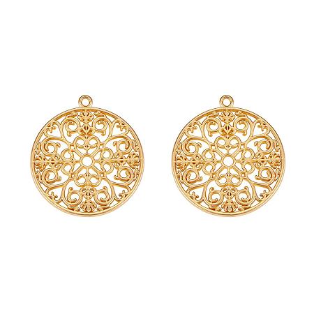 SUNNYCLUE 1 Box 2pcs Real Gold Plated Flat Round Flower Filigree Charms Pendants Findings Accessory 49.5x44.5mm for DIY Jewelry Making Craft Supplies Nickel Free