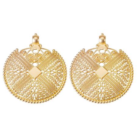 SUNNYCLUE 1 Box 2pcs Gold Plated Alloy Filigree Flat Round Charm Pendants 74x64mm Jewelry Making Findings Accessories