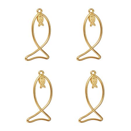 SUNNYCLUE 1 Box 4pcs Real Gold Plated Hollow Fish Charm Pendants 69.5x31.5mm for Jewelry Making Findings, Matte Golden