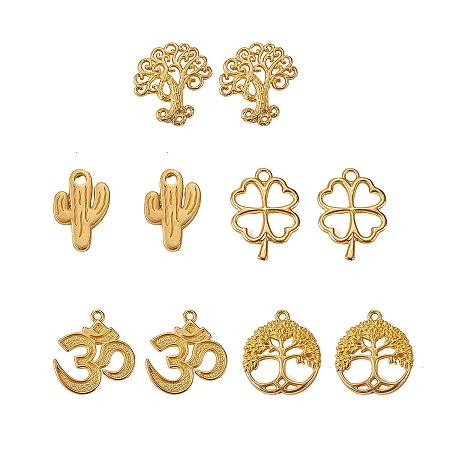 SUNNYCLUE 1 Box 10pcs Mixed Real Gold Plated Alloy Yoga OM OHM Tree of Life Four Leaf Clover Lucky Hamsa Hand Charms Pendants Jewelry Findings Accessory for DIY Jewelry Making Craft