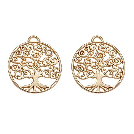SUNNYCLUE 1 Box 2pcs Real Gold Plated Tree of Life Charm Pendants Findings Flat Round 48x43x2mm for Jewelry Bracelet Necklace Making, Matte Golden