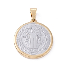 Honeyhandy Vacuum Plating 304 Stainless Steel Pendants, Flat Round with Saint Benedict Medal, Golden & Stainless Steel Color, 31x28x3mm, Hole: 8x4.5mm