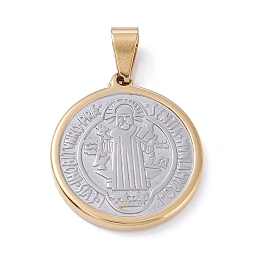 Honeyhandy Vacuum Plating 304 Stainless Steel Pendants, Flat Round with Saint Benedict Medal, Golden & Stainless Steel Color, 24.5x22x2.5mm, Hole: 7.5x3.5mm