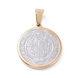 Honeyhandy Vacuum Plating 304 Stainless Steel Pendants, Flat Round with Saint Benedict Medal, Golden & Stainless Steel Color, 27.5x25x3mm, Hole: 8x4.5mm