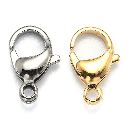 Honeyhandy 2 Colors 304 Stainless Steel Lobster Claw Clasps, Real 24K Gold Plated & Stainless Steel Color, 16x10.5x4.7mm, Hole: 2.2mm, 50pcs/color