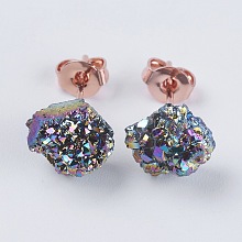 Honeyhandy Brass Ear Stud Components, with Natural Druzy Agate, Nuggets, Rainbow Plated, 6~9x5~8.5x3~7mm, Pin: 0.7mm