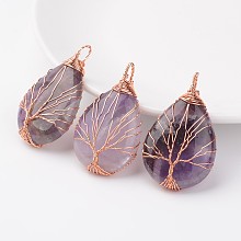 Honeyhandy Natural Amethyst Pendants, teardrop, with Rose Gold Tone Brass Findings, 48~55x30~32x10~12mm, Hole: 4~7x8~12mm