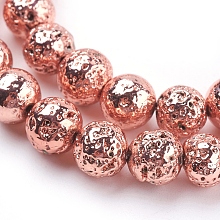 Honeyhandy Electroplated Natural Lava Rock Beads Strands, Round, Bumpy, Rose Gold Plated, 8~8.5mm, Hole: 1mm, about 47pcs/strand, 15.35 inch(39cm)