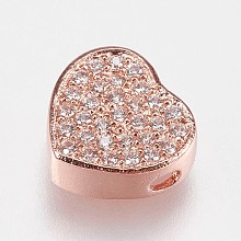 Honeyhandy Brass Micro Pave Cubic Zirconia Beads, Heart, Clear, Rose Gold, 9x9.5x4mm, Hole: 1.5mm