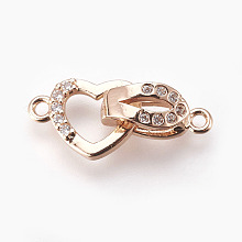 Honeyhandy Brass Micro Pave Cubic Zirconia Fold Over Clasps, Heart, Clear, Real Rose Gold Plated, 18mm, Hole: 1.2mm