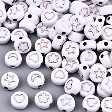 Honeyhandy Opaque White Acrylic Beads, Metal Enlaced, Flat Round with Rose Gold Star & Flower & Moon & Heart, 7x4mm, Hole: 1.5mm, about 3600pcs/500g