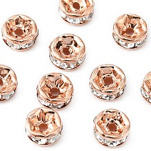 Brass Rhinestone Spacer Beads, Grade A, Straight Flange, Rondelle, Rose Gold, Crystal, 5x2.5mm, Hole: 1mm