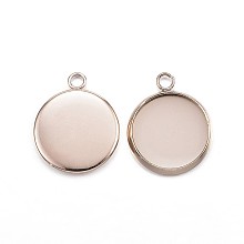 Honeyhandy Ion Plating(IP) 304 Stainless Steel Pendant Cabochon Settings, Plain Edge Bezel Cups, Flat Round, Rose Gold, Tray: 12mm, 16.5x13.5x2mm, Hole: 1.8mm