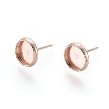 Honeyhandy 304 Stainless Steel Stud Earring Settings, Flat Round, Rose Gold, Tray: 8mm, 10mm, Pin: 0.8mm