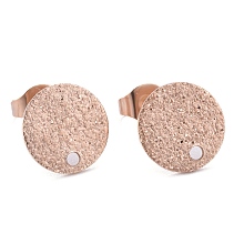 Honeyhandy Ion Plating(IP) 304 Stainless Steel Stud Earring Findings, with Earring Backs & Loop, Textured, Flat Round, Rose Gold, 10x1mm, Hole: 1.4mm, Pin: 0.8mm