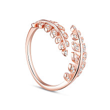 SHEGRACE 925 Sterling Silver Cuff Rings, Open Rings, Leaf with Cubic Zirconia, Rose Gold, Size 6, 16mm