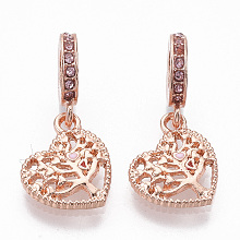 Honeyhandy Alloy European Dangle Charms, with Rhinestone and Enamel, Large Hole Pendants, Heart with Tree, Rose Gold, 27mm, Hole: 5mm, Heart: 15x13x2mm