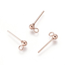 Honeyhandy 304 Stainless Steel Stud Earring Findings, with Loop, Round, Rose Gold, 14x3mm, Hole: 2mm, Pin: 0.8mm, Round: 3mm