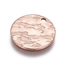 Honeyhandy Ion Plating(IP) Stainless Steel Pendants, Textured, Flat Round, Rose Gold, 15x1mm, Hole: 1.5mm