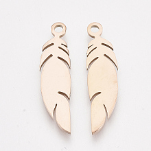 Honeyhandy 201 Stainless Steel Pendants, Feather, Rose Gold, 25x6x1mm, Hole: 1.6mm