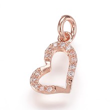 Honeyhandy Brass Micro Pave Cubic Zirconia Pendants, Heart Charms, Rose Gold, 12.5x8x2mm, Hole: 3mm