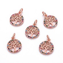 Honeyhandy Brass Micro Pave Cubic Zirconia Charms, with Jump Rings, Flat Round with Tree of Life, Colorful, Rose Gold, 14.5x12x1.5mm, Hole: 2.5mm