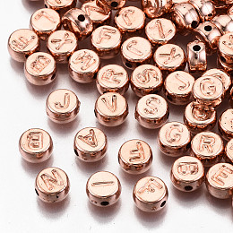 Honeyhandy CCB Plastic Beads, Horizontal Hole, Flat Round with Letter, Rose Gold, 7x4mm, Hole: 1.4mm, about 3300pcs/500g