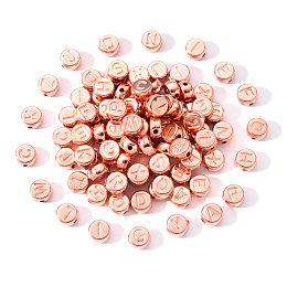 Honeyhandy CCB Plastic Beads, Flat Round with Random Mixed Letters, Rose Gold, 7x4mm, Hole: 1.4mm, about 100pcs/bag