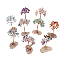 Honeyhandy Natural Mixed Stone Chips and Natural Agate with Mixed Stone Pedestal Display Decorations, Healing Stone Tree, for Reiki Healing Crystals Chakra Balancing, with Rose Gold Plated Brass Wires, Lucky Tree, 31~42x60~68x100~104mm