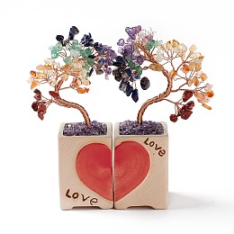 Honeyhandy 7 Chakra Natural Gemstone Chips and Ceram Pedestal Display Decorations, with Rose Gold Plated Brass Wires, Lucky Tree, 56x158x156mm