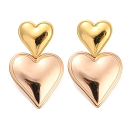 Honeyhandy 304 Stainless Steel Double Heart Dangle Stud Earrings for Women, Golden & Rose Gold, 32.5x20mm