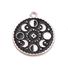 Honeyhandy Alloy Enamel Pendants, Flat Round with Moon Phase Charm, Rose Gold, 23x20x1mm, Hole: 2mm