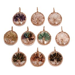 Honeyhandy Mixed Stone Pendants, with Rose Gold Plated Brass Findings, Flat Round with Tree of Life, 64~67.5x50~51x6~7.5mm, Hole: 8x5~6.5mm