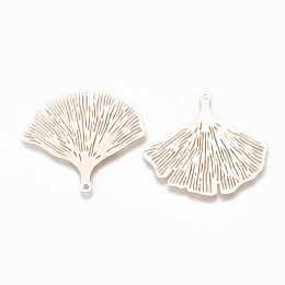 Honeyhandy Brass Pendants, Etched Metal Embellishments, Ginkgo Leaf, Rose Gold, 30x33x0.3mm, Hole: 1.4mm