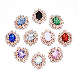 Honeyhandy Alloy Cabochons, with Acrylic Rhinestone and Glass Rhinestone, Faceted, Flower, Rose Gold, Mixed Color, 32.5x29x6mm