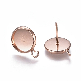 Honeyhandy 304 Stainless Steel Stud Earring Settings, with Loop, Flat Round, Rose Gold, Tray: 10mm, 13.5mm, Hole: 2mm, Pin: 0.7mm